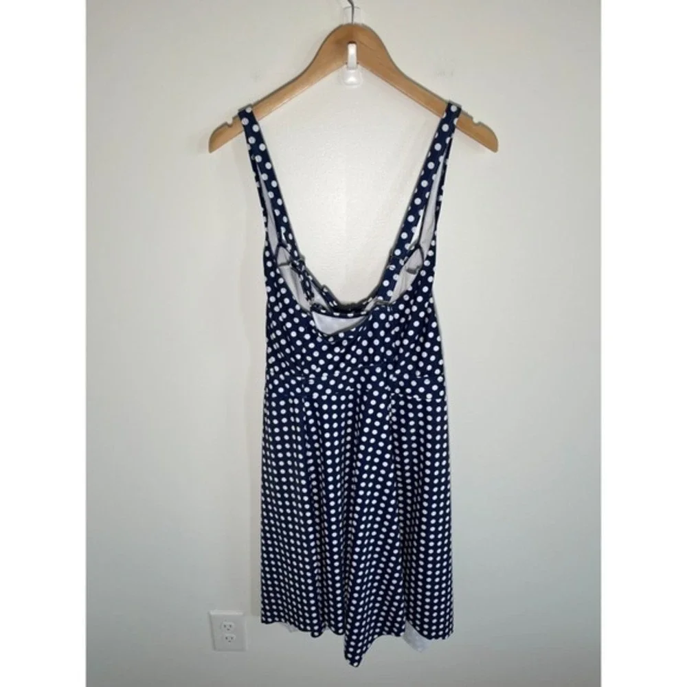 Womens 22W Navy Polka Dot Swim Suit Dress Sweetheart‎ Neckline Tie Front